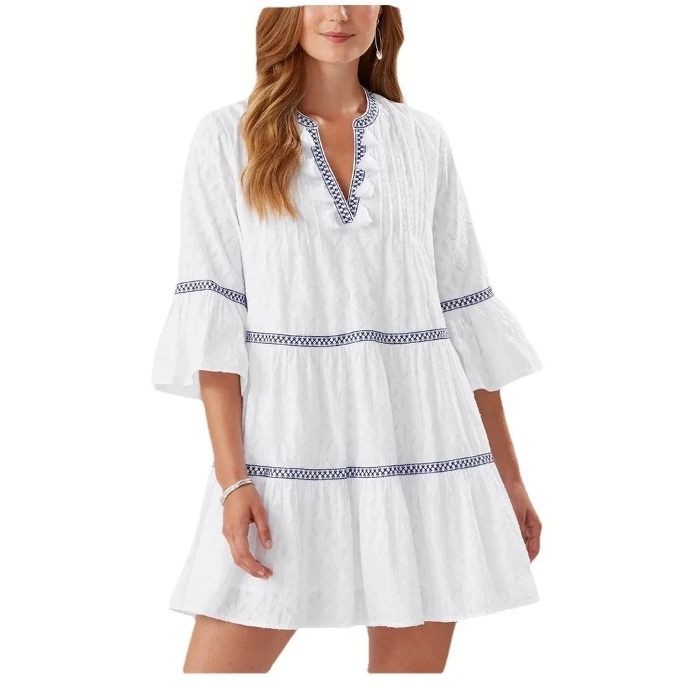 Tommy Bahama Cotton Clip Embroidered Tiered Cover Up Dress White & Blue Size XL - Picture 2 of 11